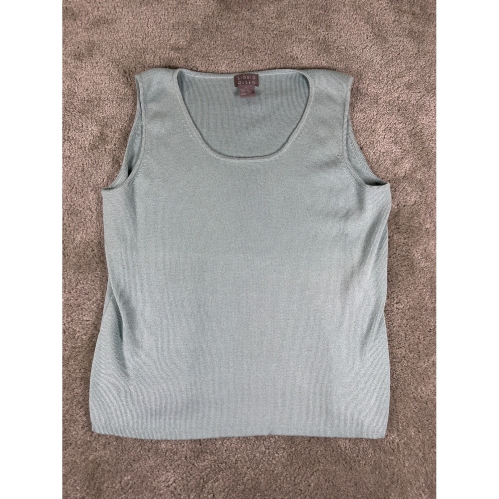 Sigrid Olsen Sleeveless Knit Shell Scoop Neck Ribbed Tank Top Sage Green Large